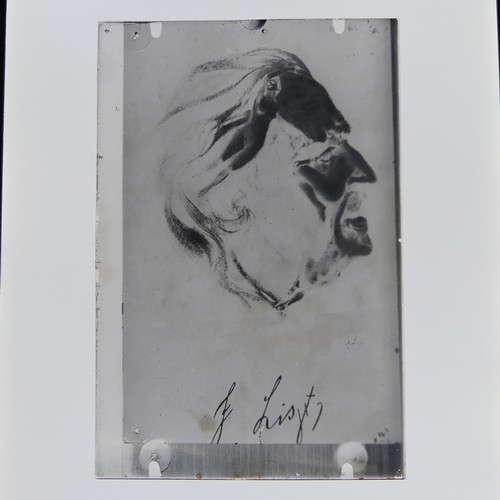 199 - Franz Liszt : a postcard size glass plate negative of Franz Liszt fantasy head / nude women puzzle f... 