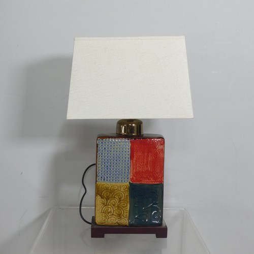 458 - A mid 20thC studio pottery square Lamp, and shade, H 59 cm.