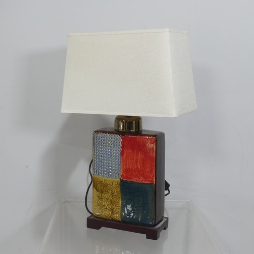 458 - A mid 20thC studio pottery square Lamp, and shade, H 59 cm.