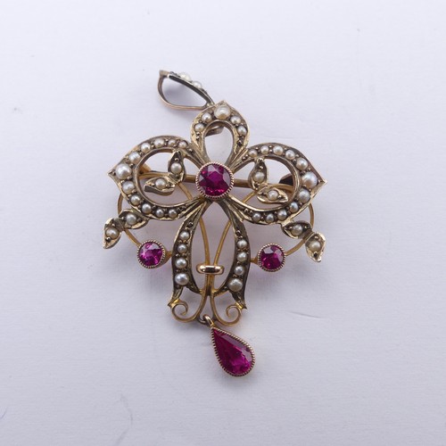 236 - An Edwardian pink sapphire and seed pearl Pendant / Brooch, of Art Nouveau design with three millegr... 