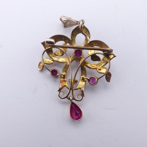 236 - An Edwardian pink sapphire and seed pearl Pendant / Brooch, of Art Nouveau design with three millegr... 