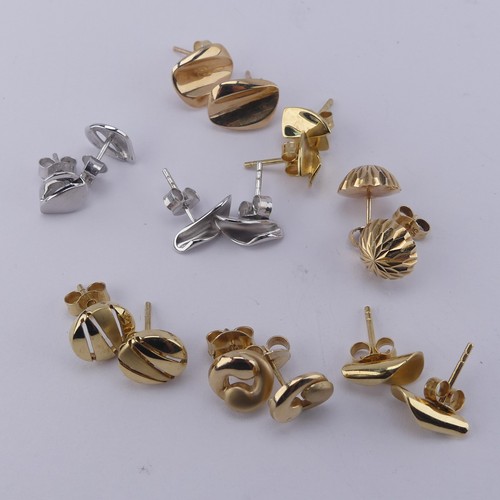 316 - Eight pairs of 9ct gold stud Earrings, two in white, the remainder yellow gold, modern abstract desi... 