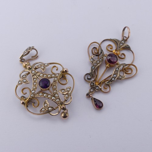 240 - An Edwardian garnet and seed pearl Pendant, in the Art Nouveau style, mounted in 9ct gold,4.8cm long... 