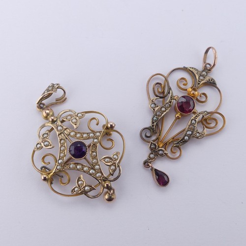 240 - An Edwardian garnet and seed pearl Pendant, in the Art Nouveau style, mounted in 9ct gold,4.8cm long... 