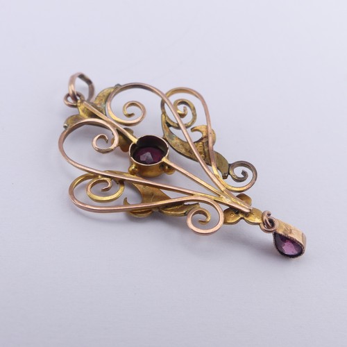 240 - An Edwardian garnet and seed pearl Pendant, in the Art Nouveau style, mounted in 9ct gold,4.8cm long... 