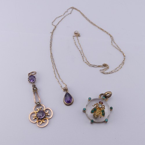 341 - An Edwardian amethyst and seed pearl Pendant, of open foliate form, unmarked, tested as 9ct gold, 4.... 