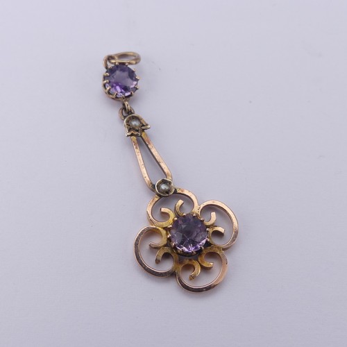 341 - An Edwardian amethyst and seed pearl Pendant, of open foliate form, unmarked, tested as 9ct gold, 4.... 