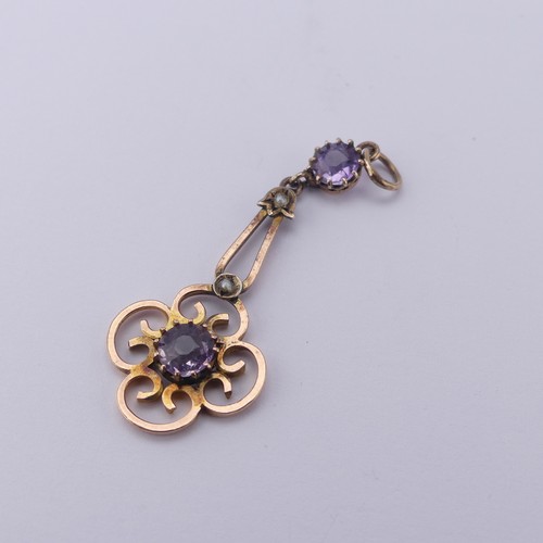 341 - An Edwardian amethyst and seed pearl Pendant, of open foliate form, unmarked, tested as 9ct gold, 4.... 