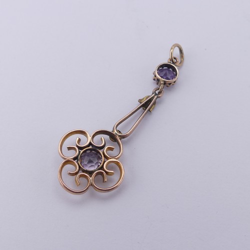 341 - An Edwardian amethyst and seed pearl Pendant, of open foliate form, unmarked, tested as 9ct gold, 4.... 