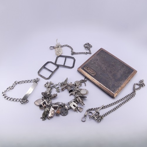 73 - Two silver Watch Chains, together with a silver identity bracelet, a silver charm bracelet with 33 v... 