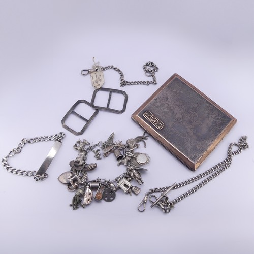 73 - Two silver Watch Chains, together with a silver identity bracelet, a silver charm bracelet with 33 v... 