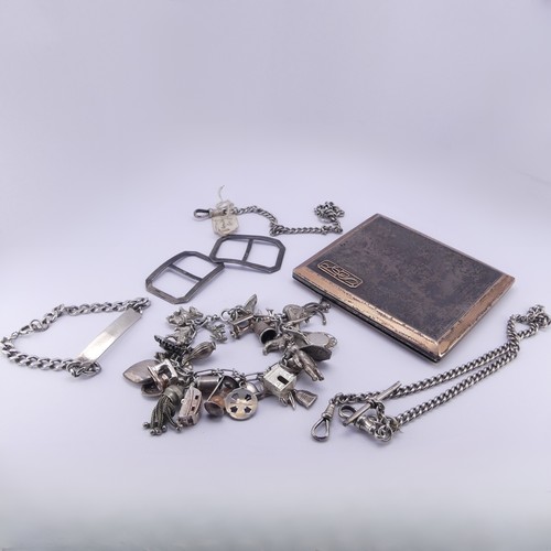 73 - Two silver Watch Chains, together with a silver identity bracelet, a silver charm bracelet with 33 v... 