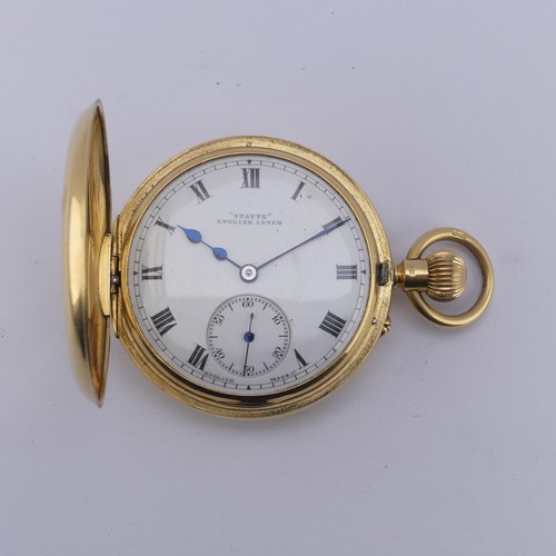 121 - An 18ct yellow gold half hunter Pocket Watch, the white enamel dial signed 'Stayte English Lever', w... 