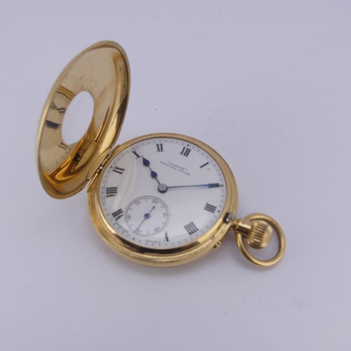 121 - An 18ct yellow gold half hunter Pocket Watch, the white enamel dial signed 'Stayte English Lever', w... 