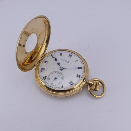 121 - An 18ct yellow gold half hunter Pocket Watch, the white enamel dial signed 'Stayte English Lever', w... 