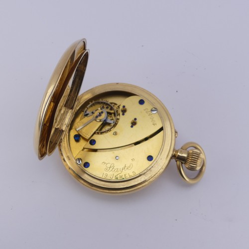 121 - An 18ct yellow gold half hunter Pocket Watch, the white enamel dial signed 'Stayte English Lever', w... 