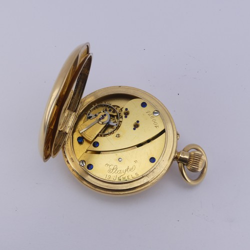 121 - An 18ct yellow gold half hunter Pocket Watch, the white enamel dial signed 'Stayte English Lever', w... 