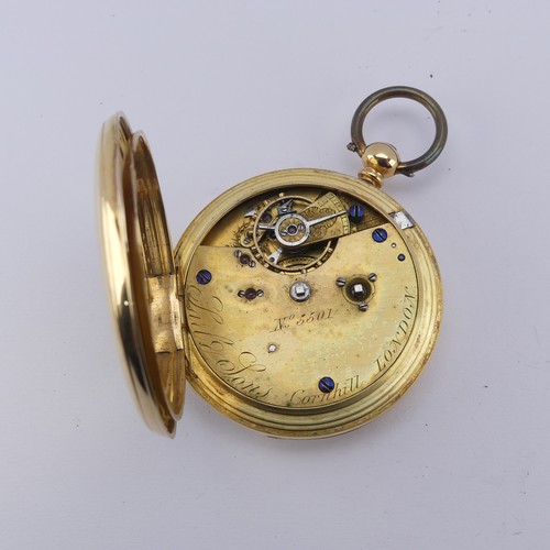 122 - A Victorian 18ct yellow gold hunter Pocket Watch, the unsigned white enamel dial with Roman Numerals... 