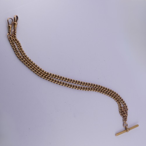 245 - A 15ct yellow gold double Albert Watch Chain, the T-Bar suspending two curb link chains, each termin... 