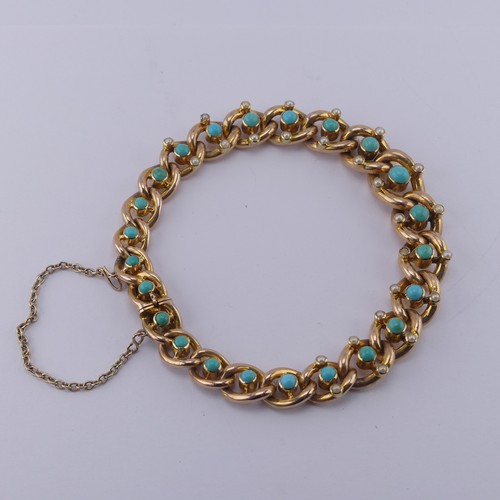 281 - An Edwardian 15ct gold turquoise and seed pearl Bracelet, with integral snap, approx. 19cm long, tot... 