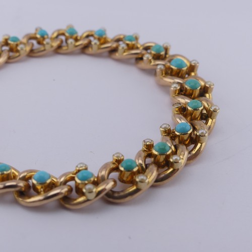 281 - An Edwardian 15ct gold turquoise and seed pearl Bracelet, with integral snap, approx. 19cm long, tot... 