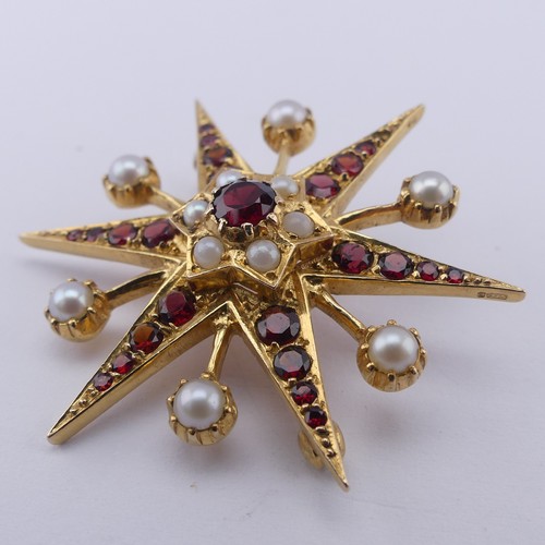 318 - A garnet and cultured pearl star Brooch, in the Victorian style, all mounted in 9ct yellow gold, 38m... 