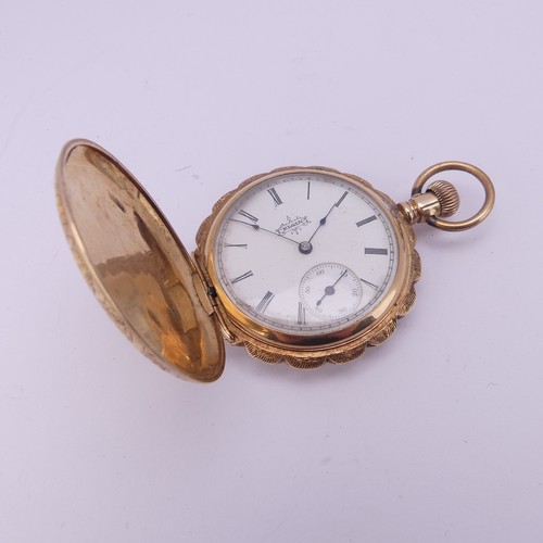 127 - An Elgin 14ct gold lady's hunter Pocket Watch, white enamel dial with Roman numerals and subsidiary ... 