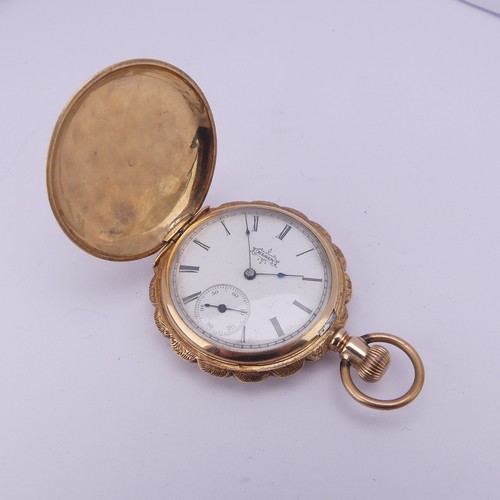 127 - An Elgin 14ct gold lady's hunter Pocket Watch, white enamel dial with Roman numerals and subsidiary ... 