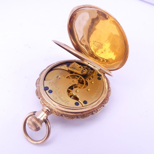 127 - An Elgin 14ct gold lady's hunter Pocket Watch, white enamel dial with Roman numerals and subsidiary ... 