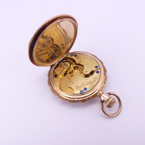 127 - An Elgin 14ct gold lady's hunter Pocket Watch, white enamel dial with Roman numerals and subsidiary ... 