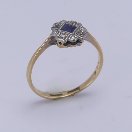 213 - A small Art Deco sapphire and diamond Ring, the central calibre cut sapphire approx. 2.6mm wide with... 