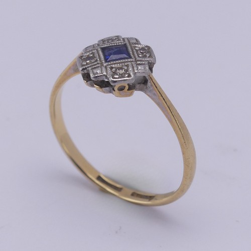 213 - A small Art Deco sapphire and diamond Ring, the central calibre cut sapphire approx. 2.6mm wide with... 