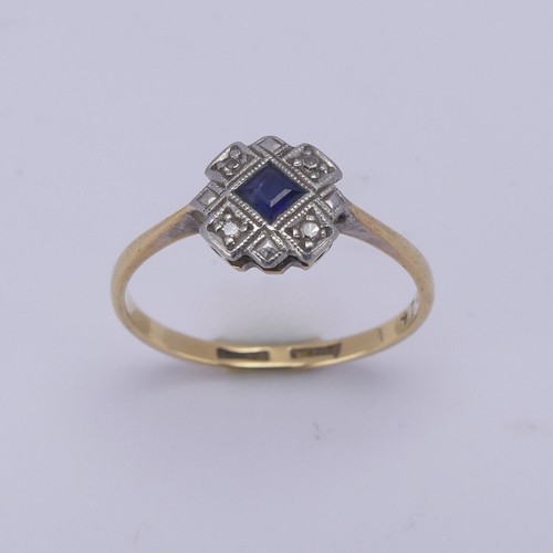 213 - A small Art Deco sapphire and diamond Ring, the central calibre cut sapphire approx. 2.6mm wide with... 