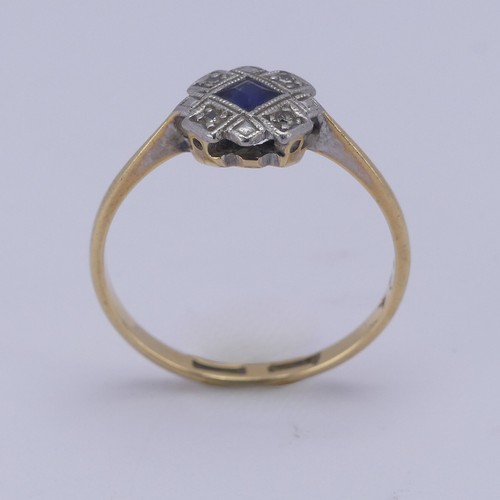 213 - A small Art Deco sapphire and diamond Ring, the central calibre cut sapphire approx. 2.6mm wide with... 