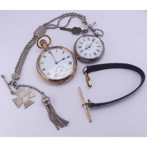 128 - A gold plated pocket Watch, with 7-jewels crown wind movement, running but damage to dial etc., toge... 