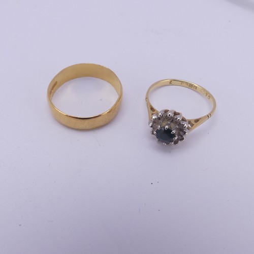 343 - A 22ct yellow gold Band, Size O, 3.2g, together with a small sapphire and diamond cluster ring, moun... 