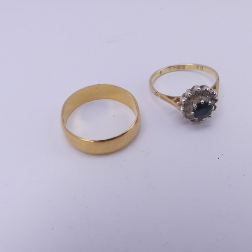 343 - A 22ct yellow gold Band, Size O, 3.2g, together with a small sapphire and diamond cluster ring, moun... 