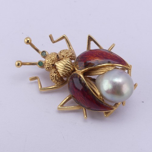 320 - An 18ct yellow gold 'Bug' Brooch, with cultured pearl abdomen, red enamelled wings and emerald eyes,... 