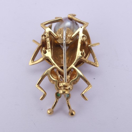 320 - An 18ct yellow gold 'Bug' Brooch, with cultured pearl abdomen, red enamelled wings and emerald eyes,... 