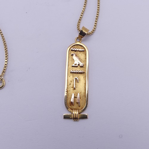 249 - A 18ct yellow gold Egyptian Hieroglyph Pendant, 4.3cm long, on an 18ct gold box link chain, 55cm lon... 