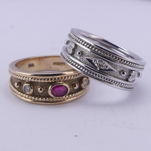 154 - A 9ct yellow gold Band, collet set with a central ruby and two small diamonds, the front 7.8mm wide,... 