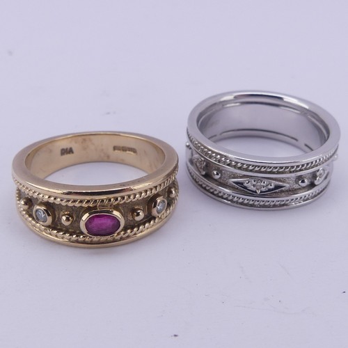 154 - A 9ct yellow gold Band, collet set with a central ruby and two small diamonds, the front 7.8mm wide,... 