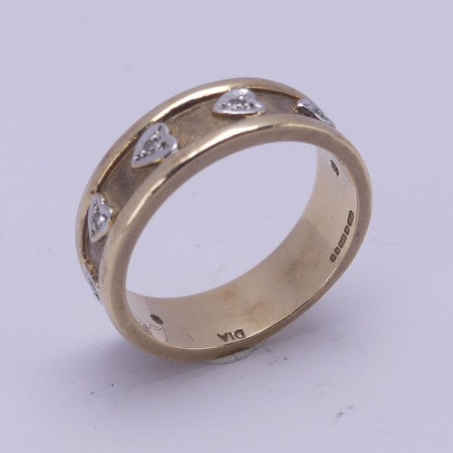 156 - A 9ct yellow gold Band, the textured centre with seven applied white gold hearts set small diamond p... 