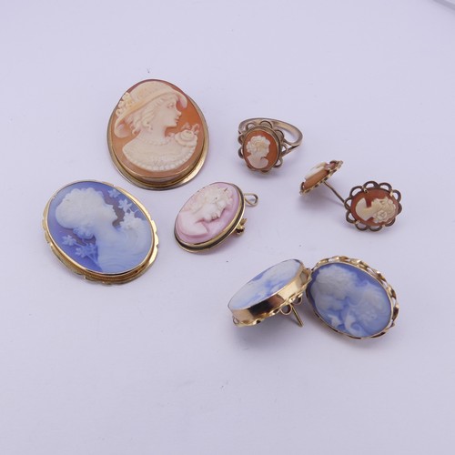 345 - A quantity of shell Cameos; including a pair of 14ct gold mounted ear studs, two 18ct gold mounted p... 