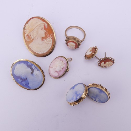 345 - A quantity of shell Cameos; including a pair of 14ct gold mounted ear studs, two 18ct gold mounted p... 