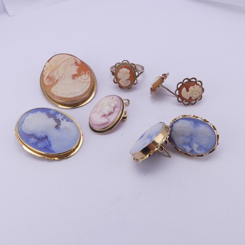 345 - A quantity of shell Cameos; including a pair of 14ct gold mounted ear studs, two 18ct gold mounted p... 