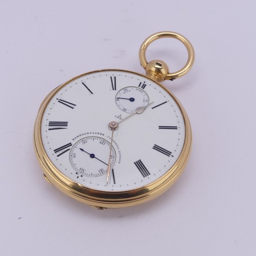 129 - A Victorian 18ct yellow gold open face Pocket Watch, by Barraud & Lunds, with white enamel dial,... 