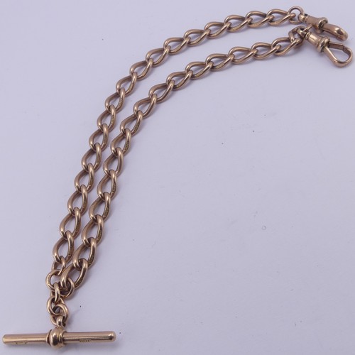 254 - A 9ct gold double Albert Watch Chain, the T-Bar suspending two chains, each terminating with a clip,... 