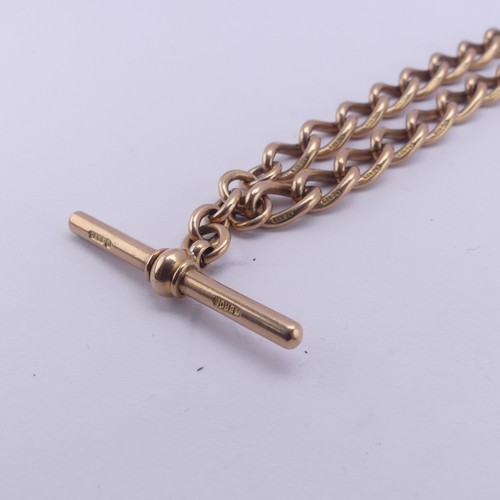 254 - A 9ct gold double Albert Watch Chain, the T-Bar suspending two chains, each terminating with a clip,... 