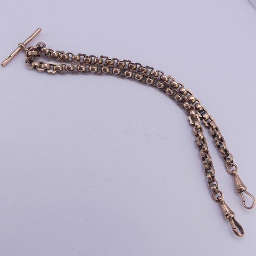 255 - A Victorian 9ct gold double Albert Watch Chain, the T-Bar suspending two chains each terminating in ... 